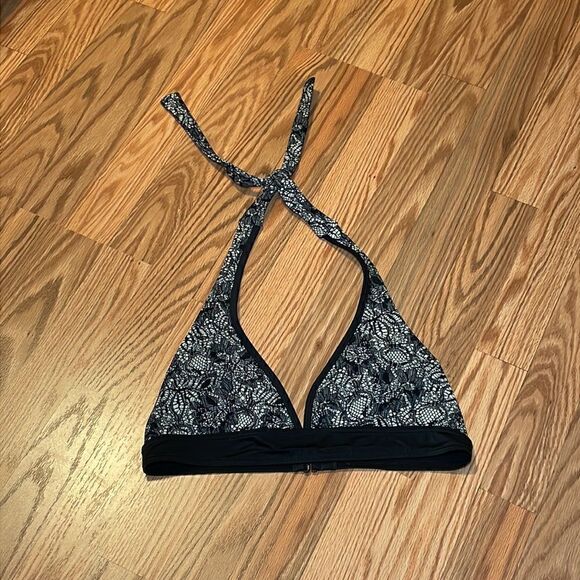 Spiegel Swim Bikini, black floral faux lace, halter top, scoop bottom, 10 - Picture 4 of 8